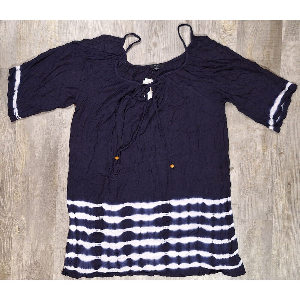 Raviya Tunic XL Navy Blue White Striped Cold Shoulder Swim Cover Up Boho NWT